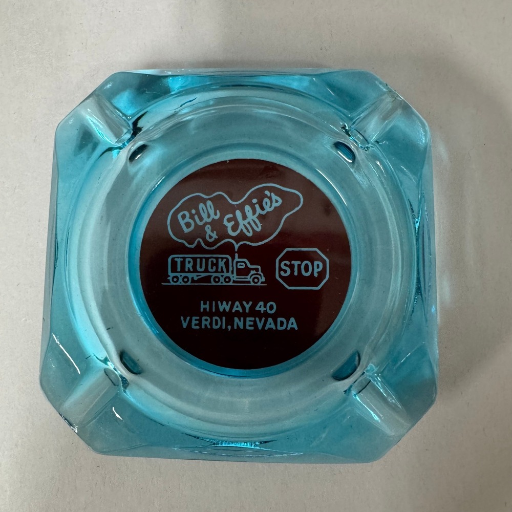 Vintage Bill & Effies Truck Stop Ashtray Blue Glass‎ Hiway 40 Verdi Nevada